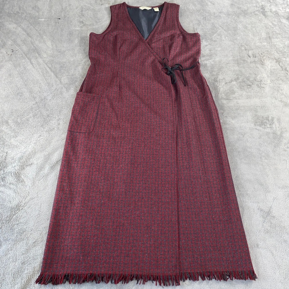 VTG Eddie Bauer Wrap Dress Womens XL Burgundy Houndstooth Wool Blend Fringed